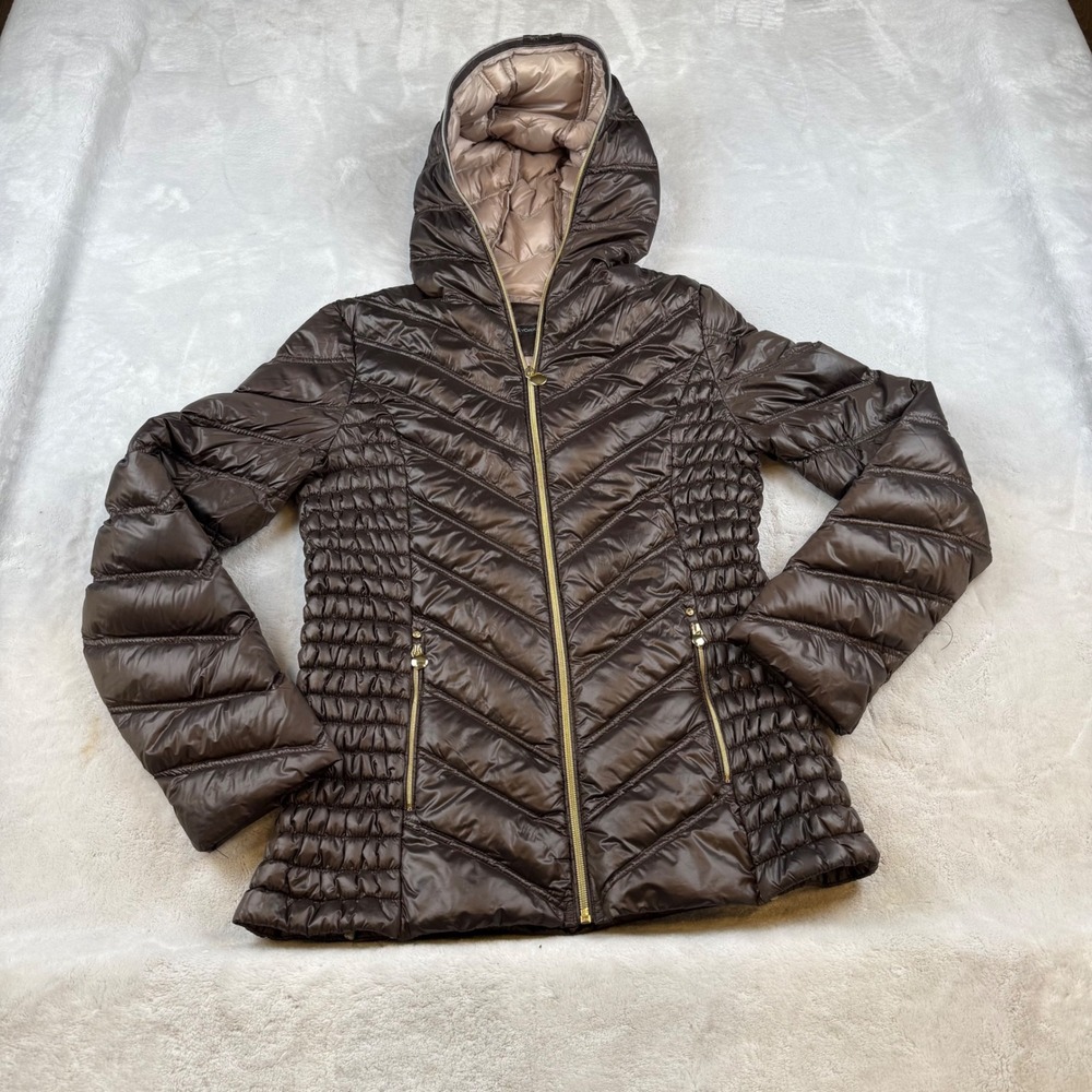 PRESTON & YORK Womens Down Puffer Jacket Hooded Brown Chevron Quilted Zip Size M